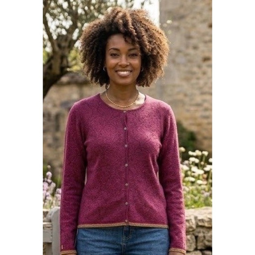Oleana Norway Wool Silk Cardigan Sweater Berry Pink Purple Floral Damask Large